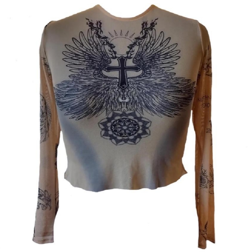 Designer Upcycled Nude Sheer Mesh Cross Angel Knit Blouse Women Plus Size 1X 16
